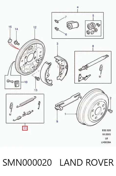 Монтажный комплект задних барабанных колодок SMN000020 Land Rover