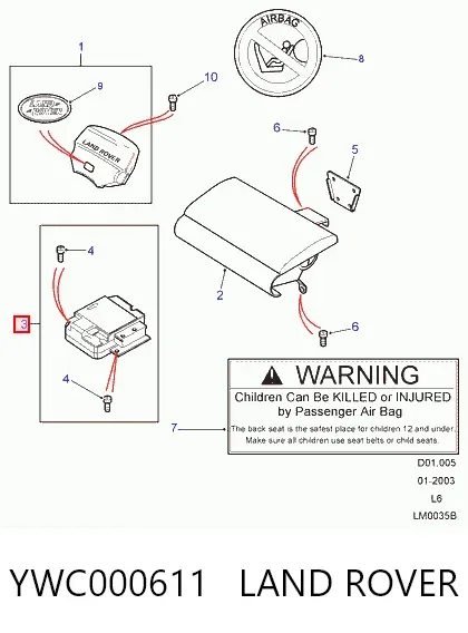 Модуль-процессор управления подушкой безопасности (ЭБУ AIRBAG) YWC000611 Land Rover