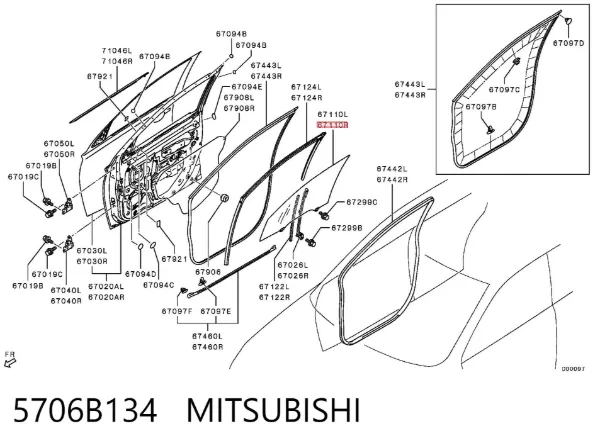 Стекло двери передней правой 5706B134 Mitsubishi