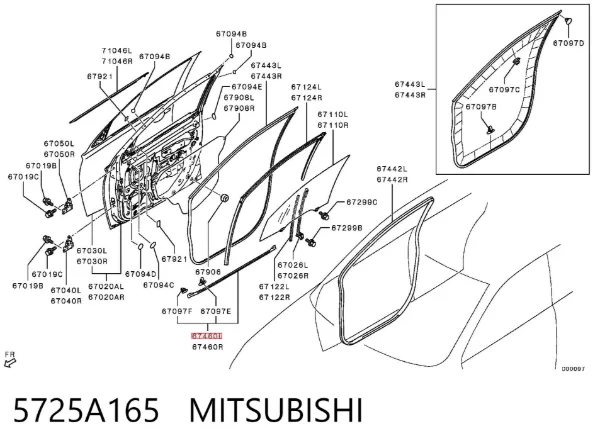 Уплотнитель стекла двери передней левой внутренний (планка) 5725A165 Mitsubishi