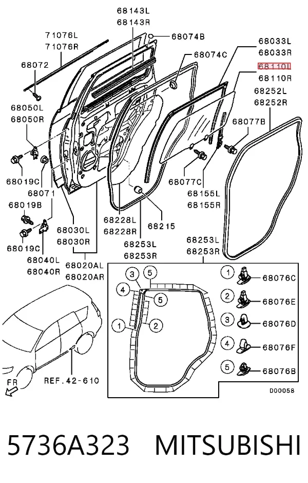 Стекло двери задней левой 5736A323 Mitsubishi