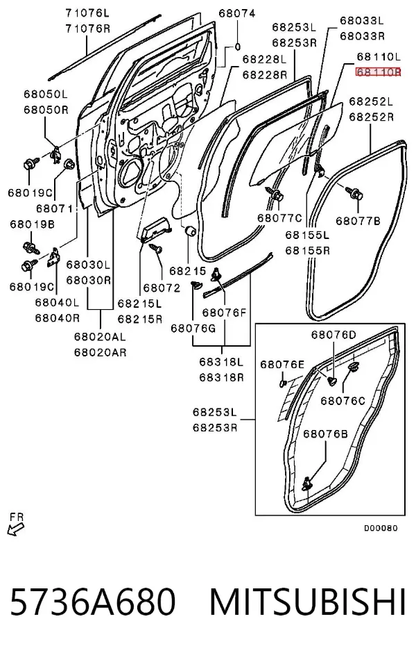 Стекло двери задней правой 5736A680 Mitsubishi