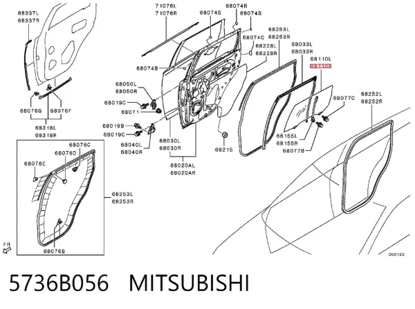 Стекло двери задней правой 5736B056 Mitsubishi