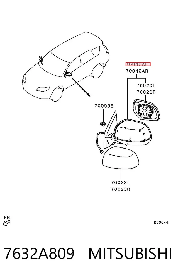 Левое боковое зеркало 7632A809 Mitsubishi