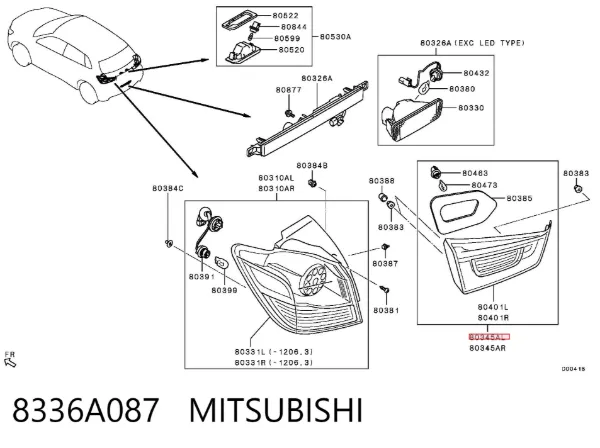 Фонарь задний левый внутренний 8336A087 Mitsubishi