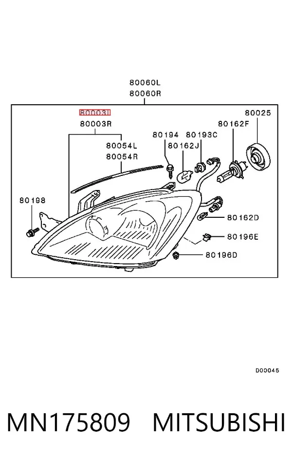 Левая фара MN175809 Mitsubishi