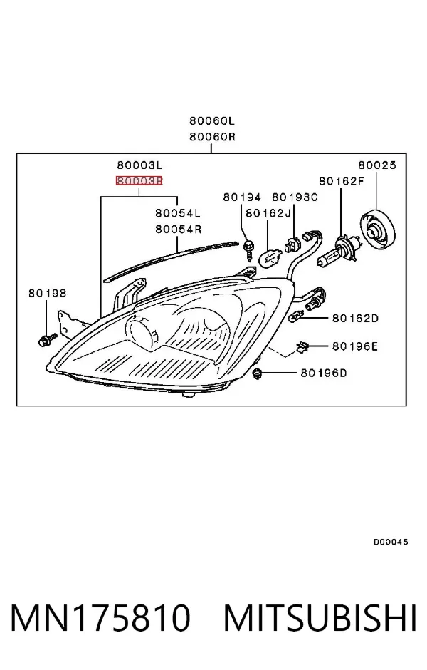 Правая фара MN175810 Mitsubishi