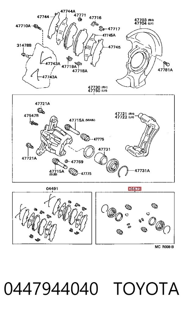 Ремкомплект переднего суппорта 0447944040 Toyota