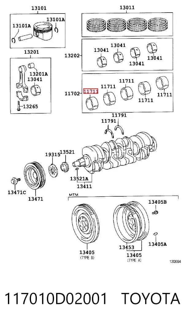 Вкладыши коленвала коренные, комплект, стандарт (STD) 117010D02001 Toyota