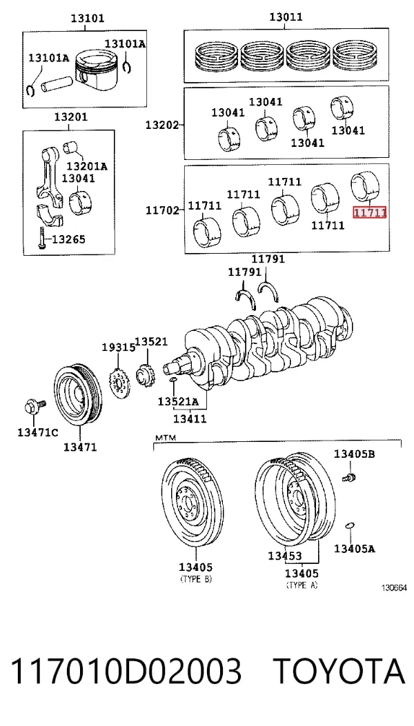 Вкладыши коленвала коренные, комплект, стандарт (STD) 117010D02003 Toyota
