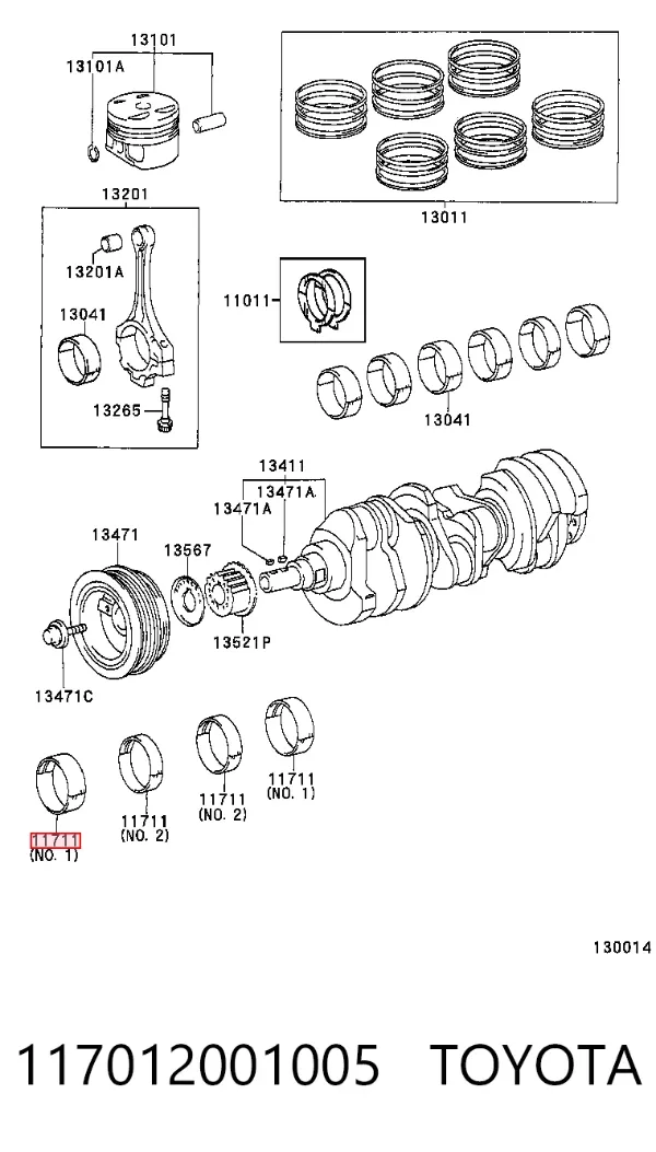 Вкладыши коленвала коренные, комплект, стандарт (STD) 117012001005 Toyota