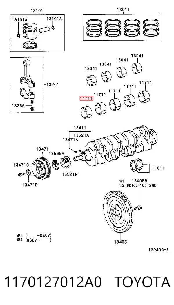 Вкладыши коленвала коренные, комплект, стандарт (STD) 1170127012A0 Toyota