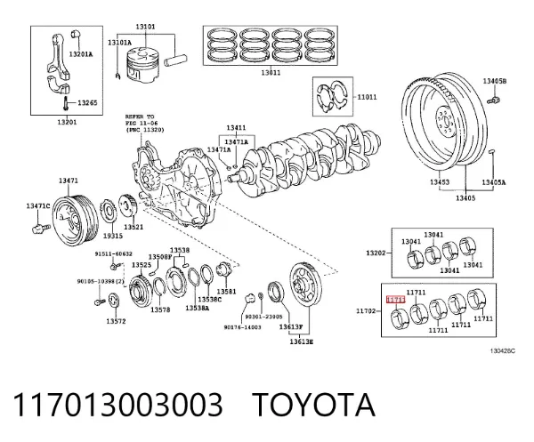 Вкладыши коленвала коренные, комплект, стандарт (STD) 117013003003 Toyota