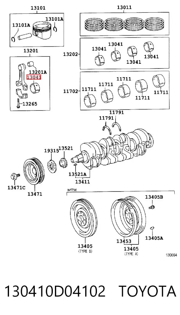 Вкладыши коленвала коренные, комплект, 1-й ремонт (+0,25) 130410D04102 Toyota