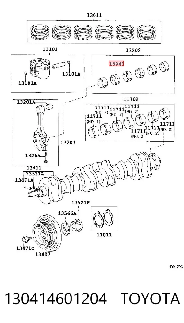 Вкладыши коленвала коренные, комплект, 1-й ремонт (+0,25) 130414601204 Toyota