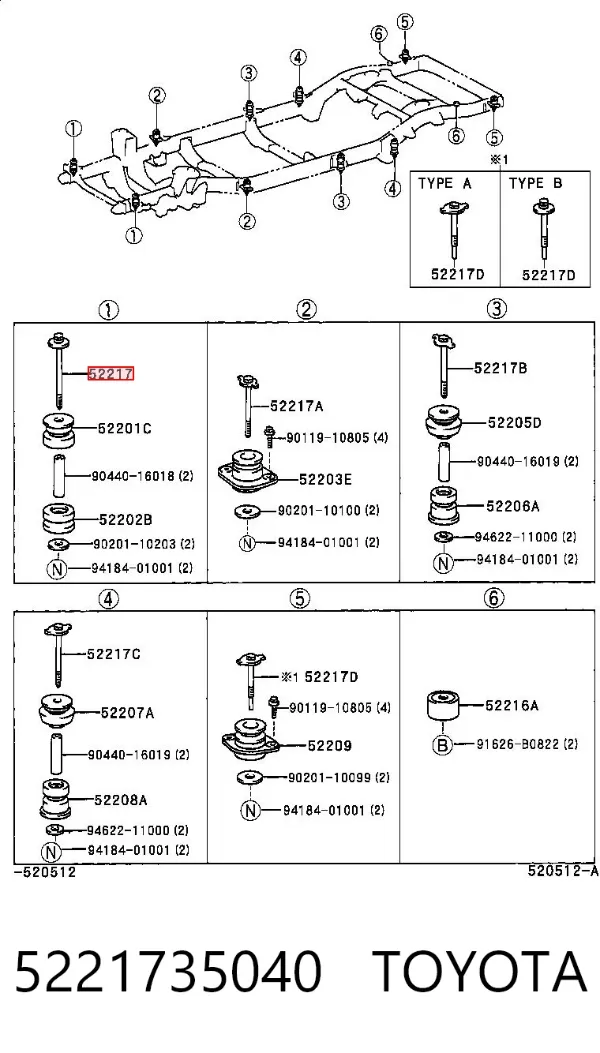 Болт подушки рамы кузова 5221735040 Toyota