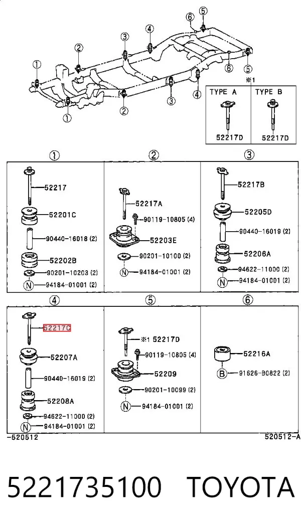 Болт подушки рамы кузова 5221735100 Toyota