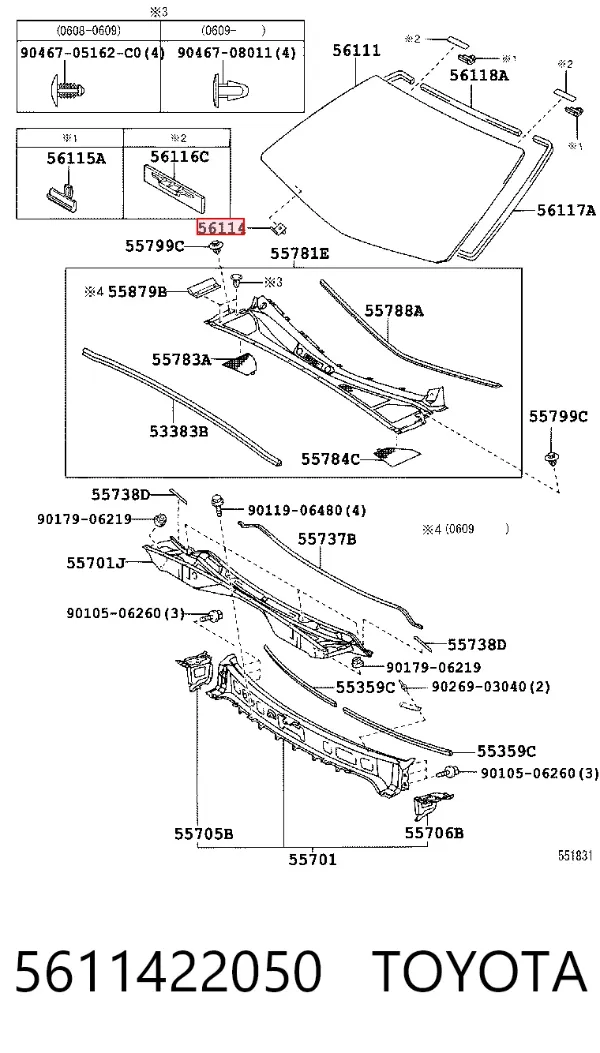 Клипса молдинга лобового стекла 5611422050 Toyota