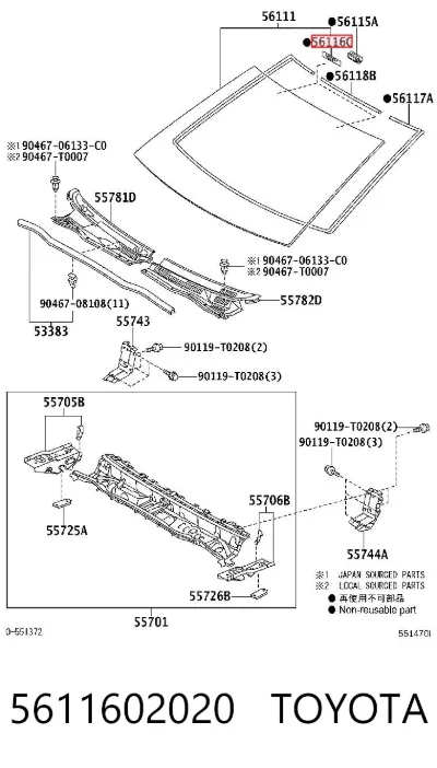 Пистон (клип) крепления молдинга лобового стекла TOYOTA 5611602020