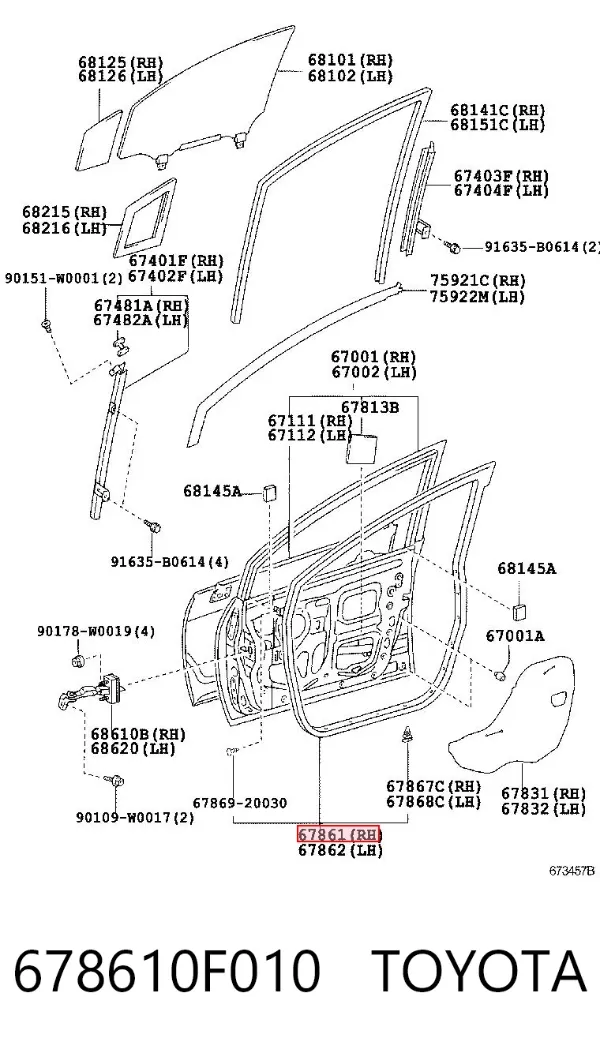 Уплотнитель двери передней правой (на двери) 678610F010 Toyota