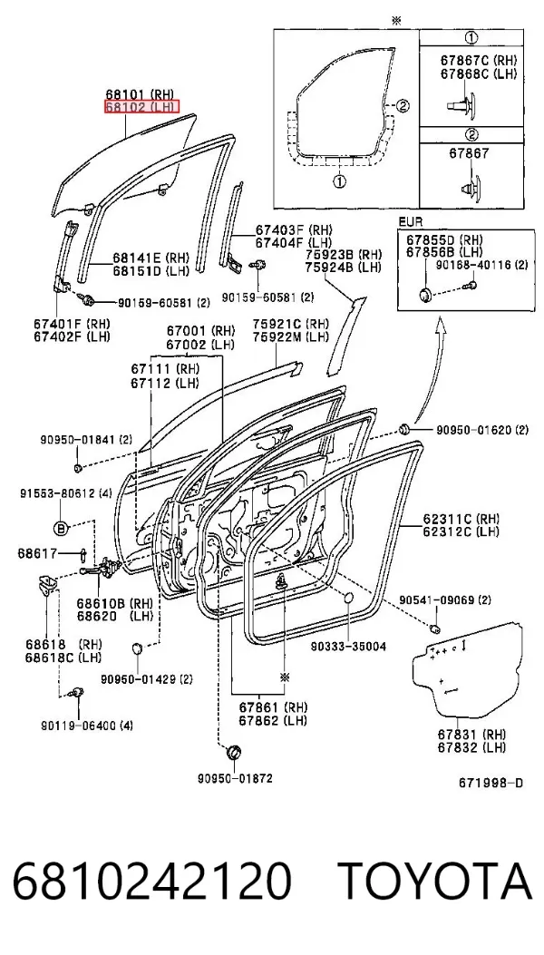 Стекло двери передней левой 6810242120 Toyota