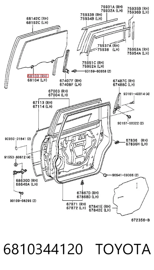 Стекло двери задней правой 6810344120 Toyota