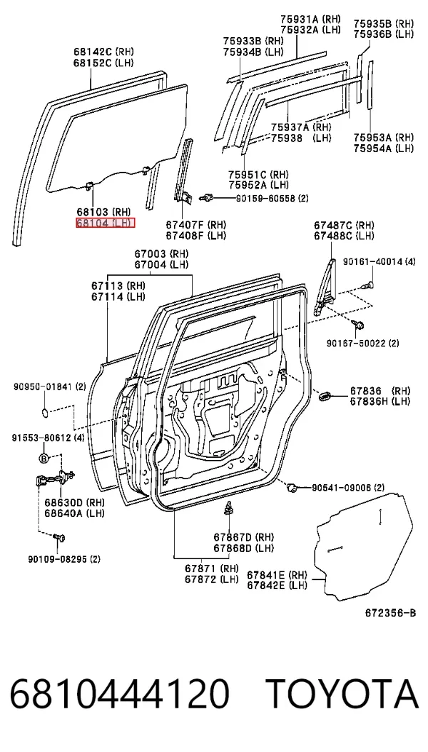 Стекло двери задней левой 6810444120 Toyota