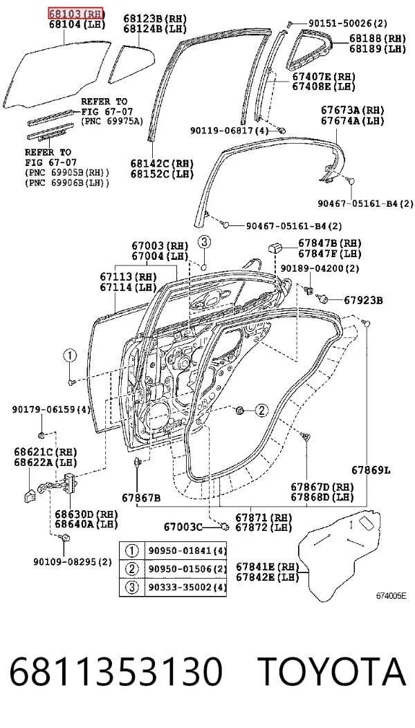 Стекло двери задней правой 6811353130 Toyota
