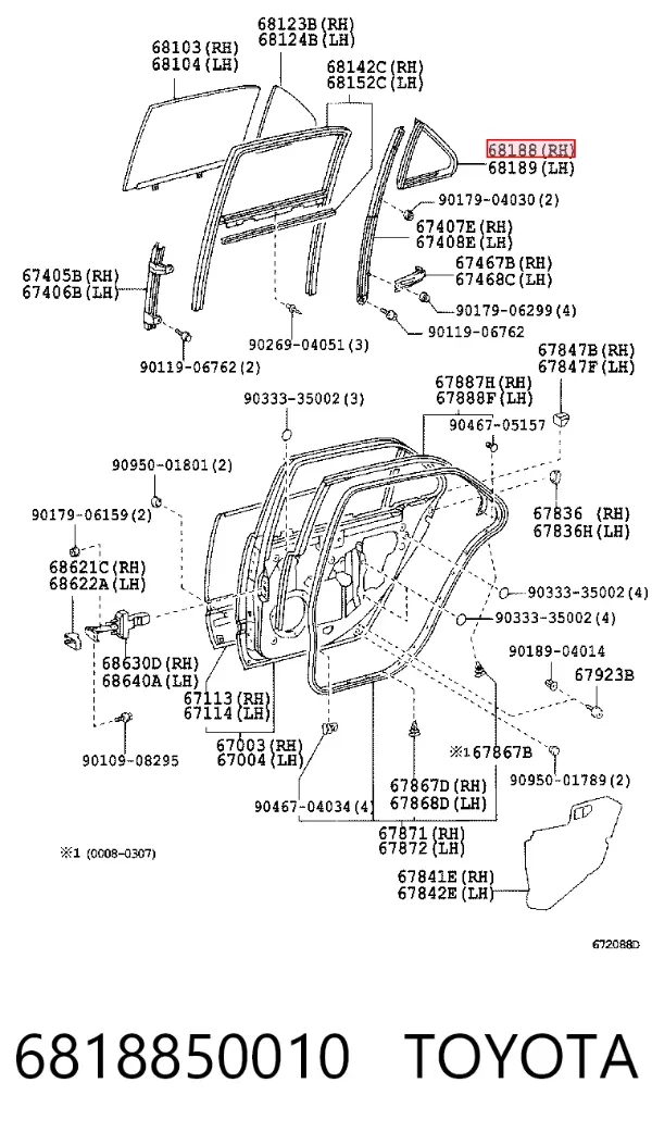 Уплотнитель стекла форточки двери задней правой 6818850010 Toyota