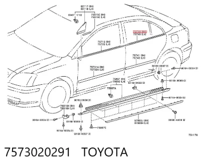 Молдинг опускного стекла двери задней правой TOYOTA 7573020291