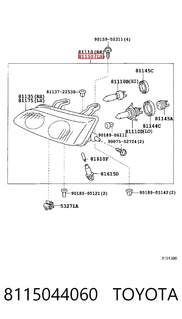 Левая фара 8115044060 Toyota