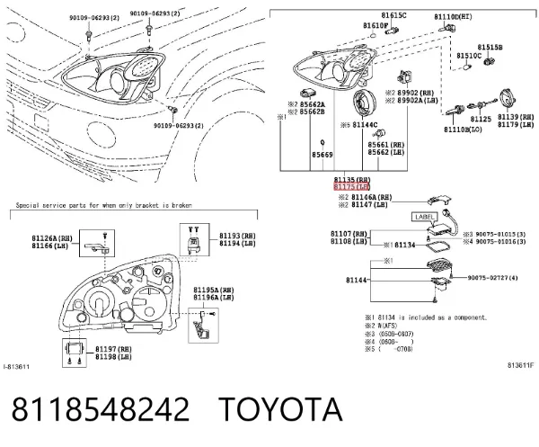 Левая фара 8118548242 Toyota