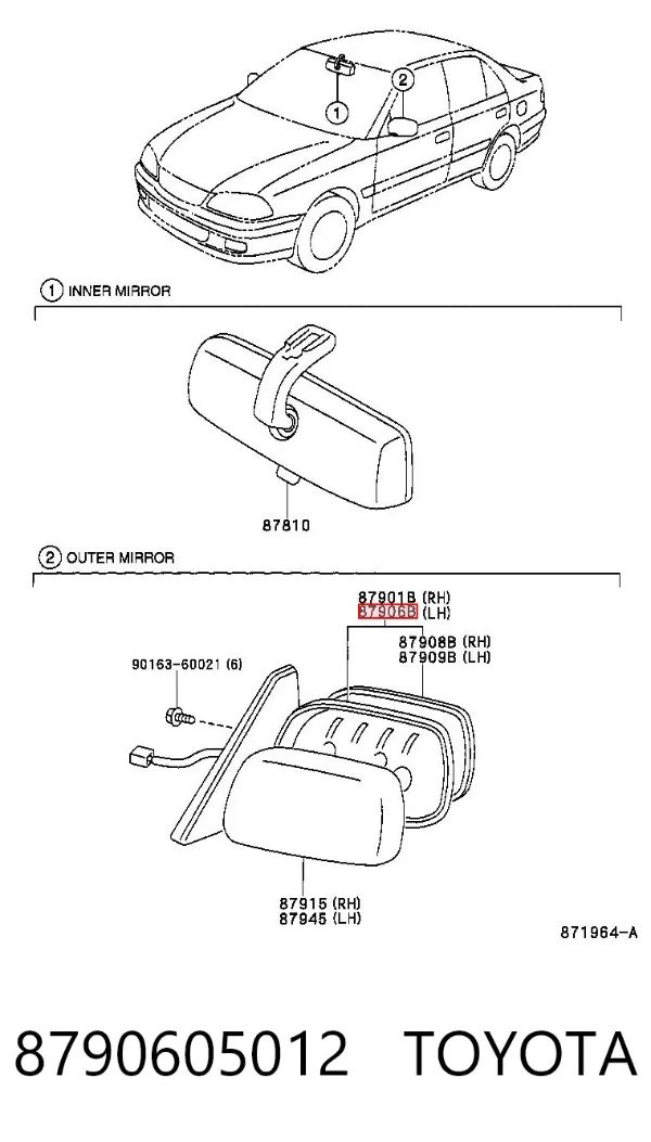 Левое боковое зеркало 8790605012 Toyota