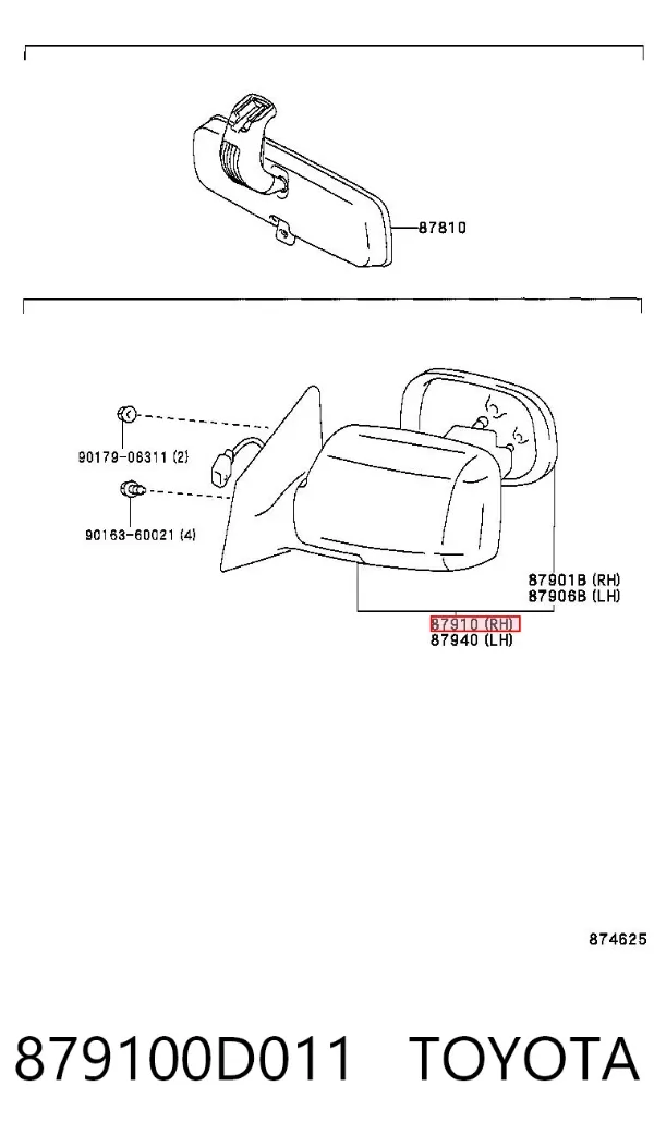 Правое зеркало 879100D011 Toyota