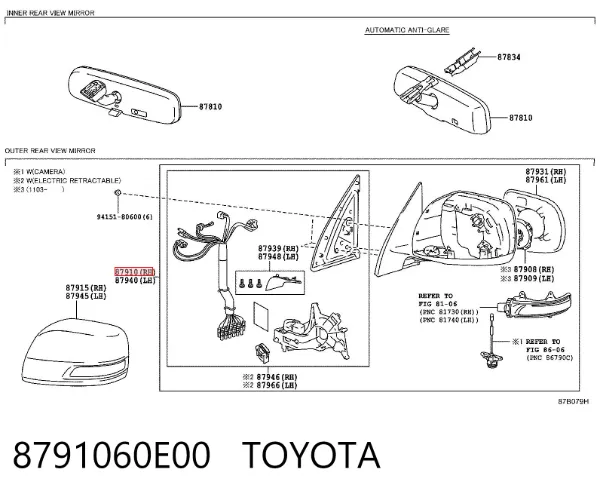 Правое зеркало 8791060E00 Toyota