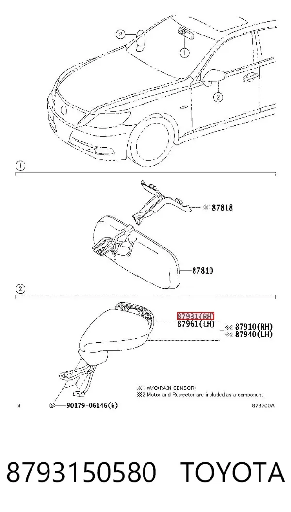 Стекло правого зеркала заднего вида 8793150580 Toyota