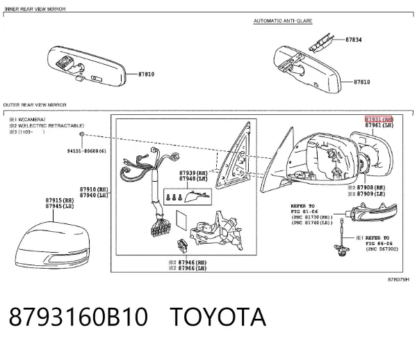 Стекло правого зеркала заднего вида 8793160B10 Toyota