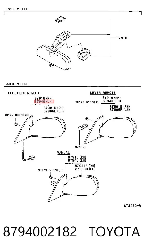 Левое боковое зеркало 8794002182 Toyota