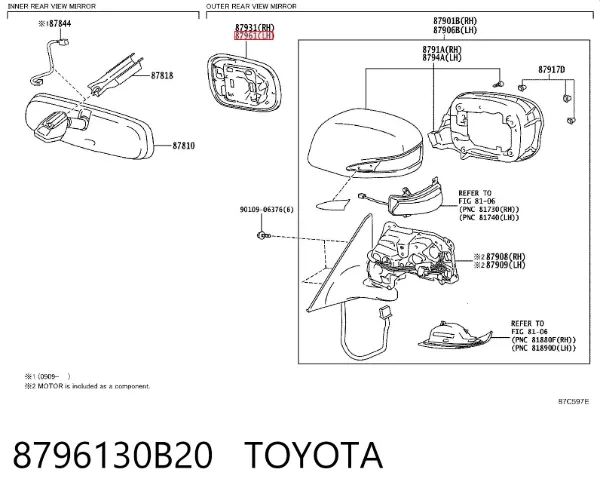 Стекло левого зеркала заднего вида 8796130B20 Toyota