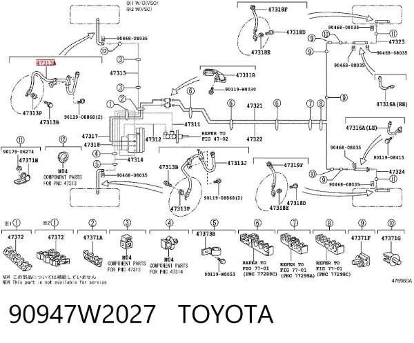 Шланг тормозной передний правый 90947W2027 Toyota