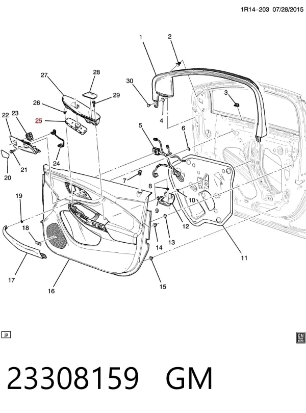 Кнопочный блок управления стеклоподъемником передний правый 23308159 General Motors