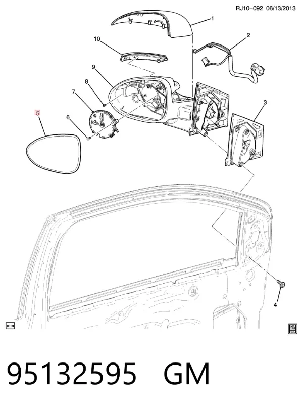 Стекло правого зеркала заднего вида 95132595 General Motors