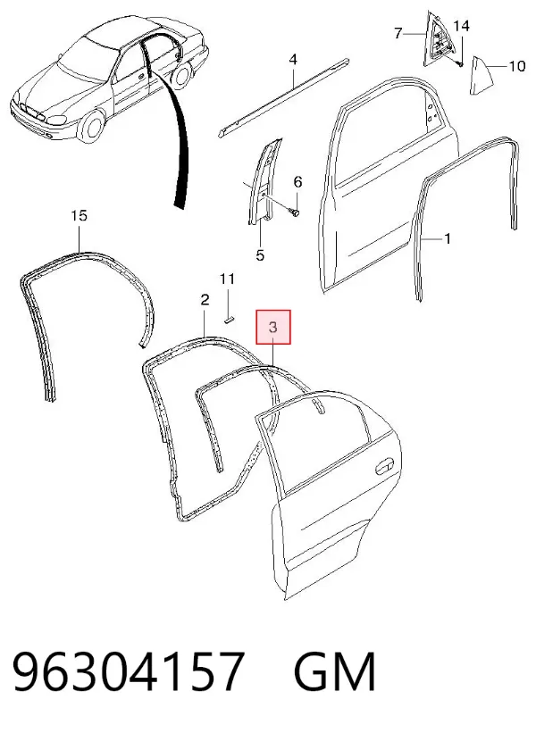 Уплотнитель стекла форточки двери задней правой 96304157 General Motors