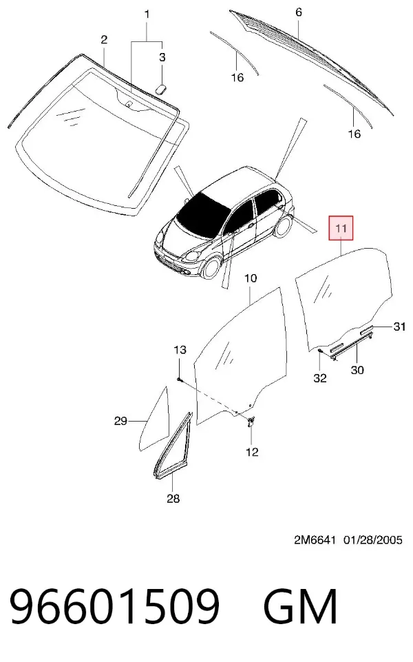 Стекло двери задней правой 96601509 General Motors