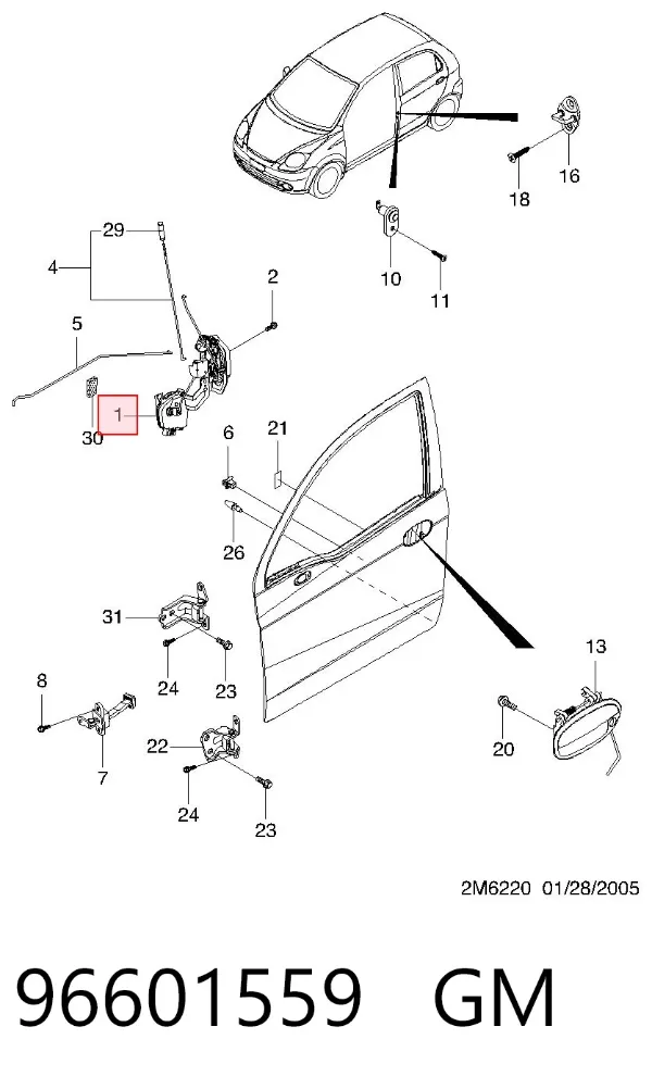 Замок передней правой двери Chevrolet Spark (Matiz) M200, M250