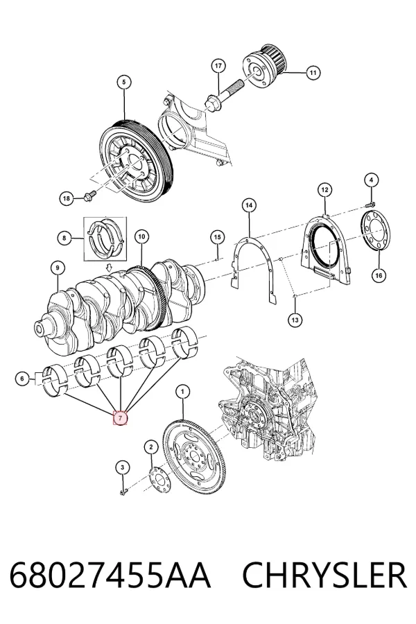 Вкладыши коленвала коренные, комплект, стандарт (STD) 68027455AA Chrysler