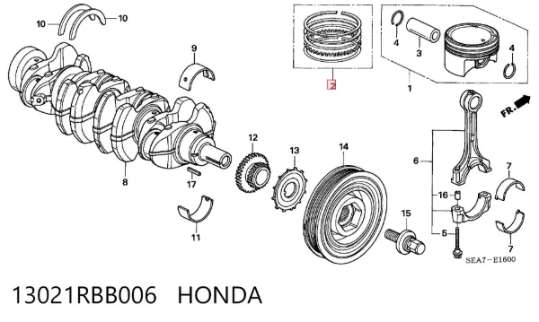 Кольца поршневые на 1 цилиндр, 1-й ремонт (+0,25) 13021RBB006 Honda