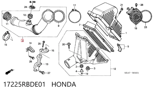 Выпускной патрубок воздушного фильтра 17225RBDE01 Honda