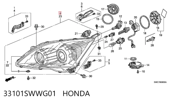 Правая фара 33101SWWG01 Honda