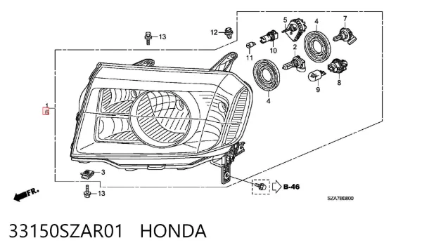 Левая фара 33150SZAR01 Honda